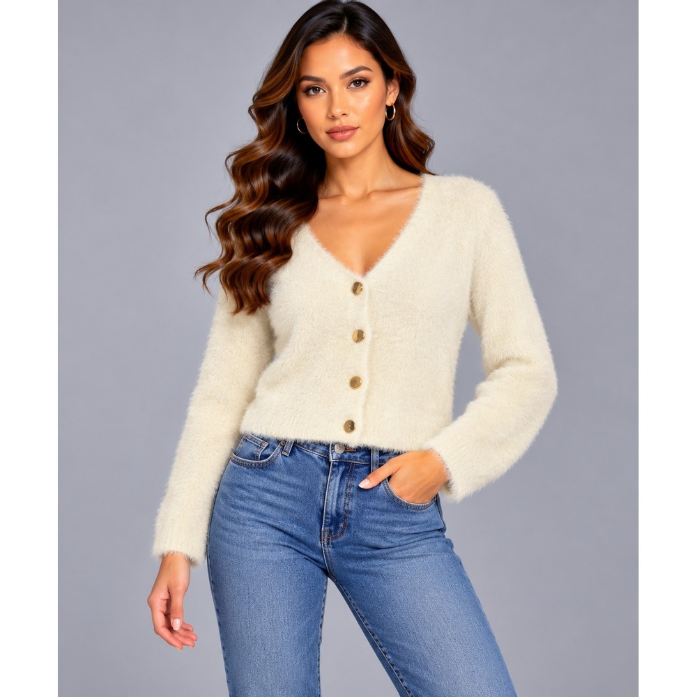 A New Day Cardigan Women S Ivory Excellent Eyelash Knit Gold Button Cropped